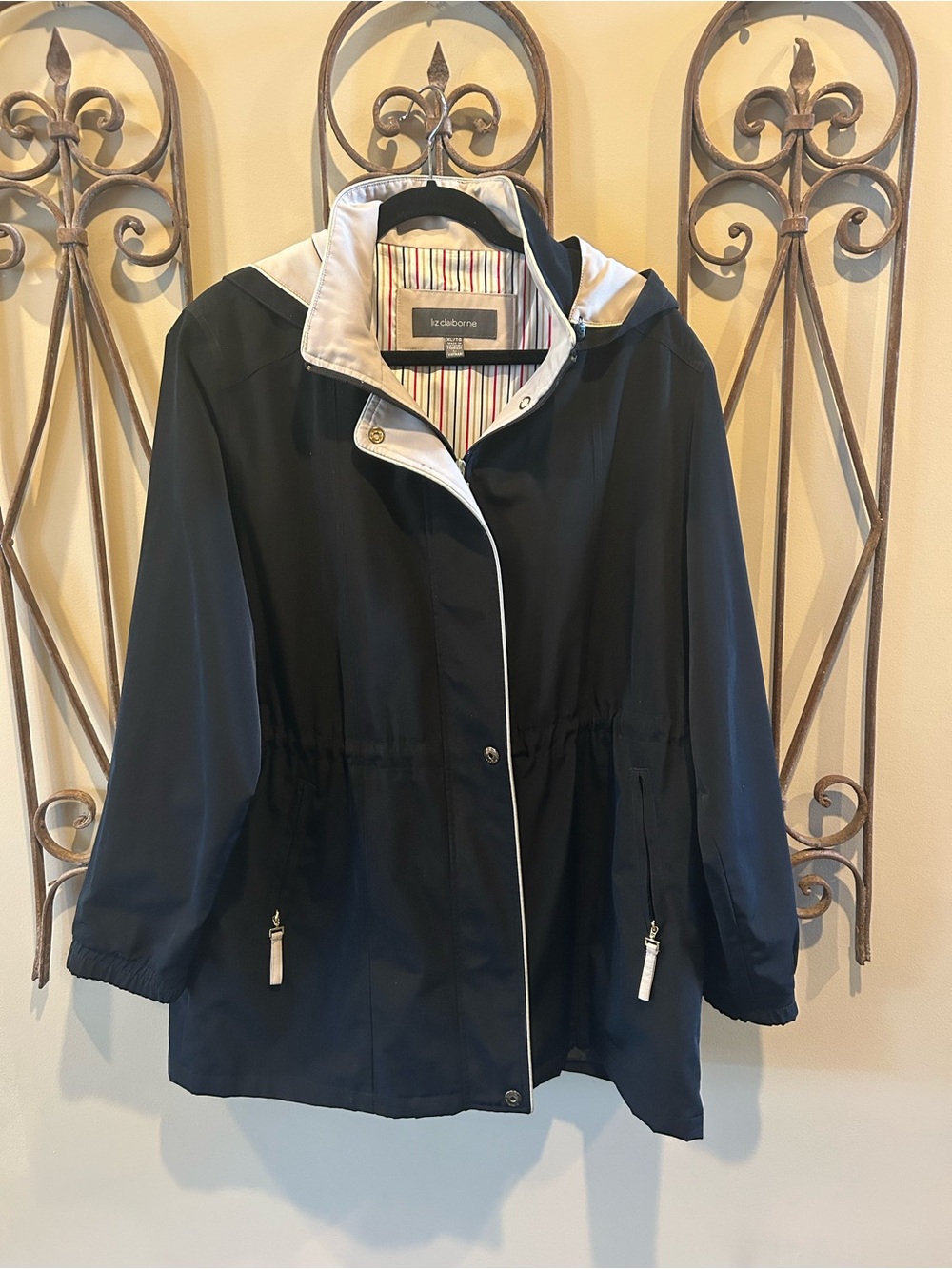 Liz Claiborne Black Jacket with Beige Trim Hood